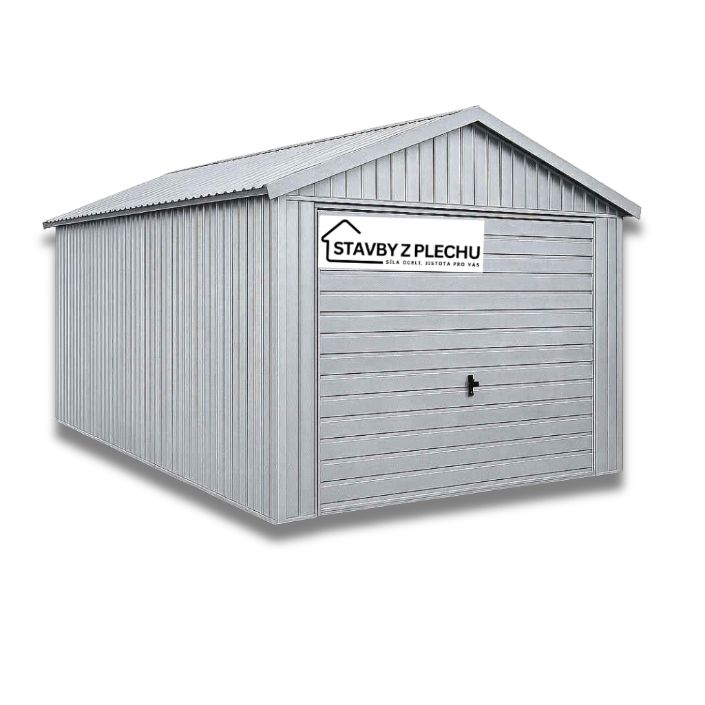 Plechová garáž 3x5, 4x8, 5x6 m - sedlová střecha, vrata výklopná, POZINKOVANÝ PLECH