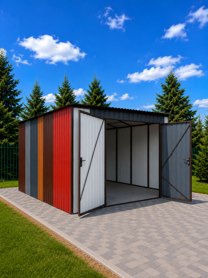 Plechová garáž 3 x 5 m ze zbytkových plechů