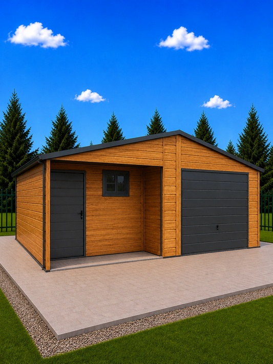 Plechová garáž 7 x 8 m - Zlatý dub - Standard