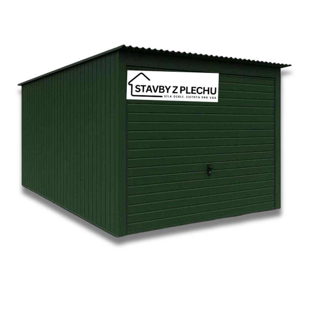 Plechová garáž 3x5, 4x8, 5x6 m - tabulová střecha, vrata výklopná, VÝBĚR BARVY RAL
