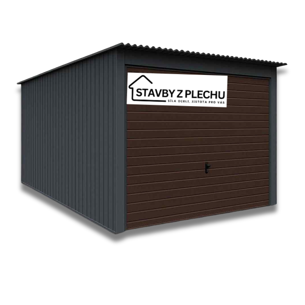 Plechová garáž 3x5, 4x8, 5x6 m - tabulová střecha, vrata výklopná, VÝBĚR BARVY RAL