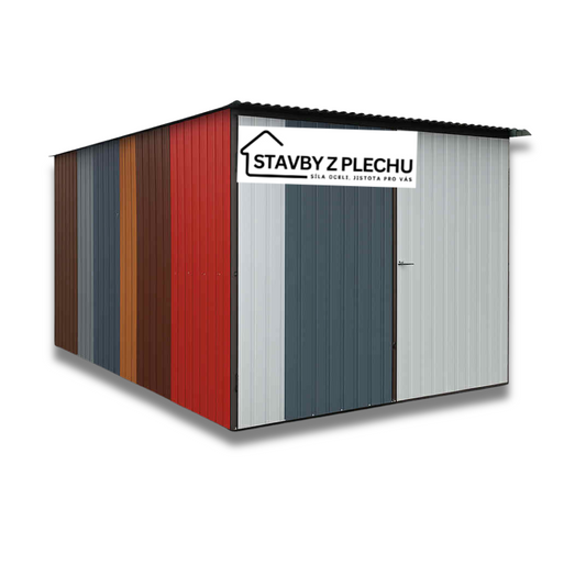 Plechová garáž ze zbytkových plechů 3x5, 3x6 m - tabulová střecha, vrata křídlová